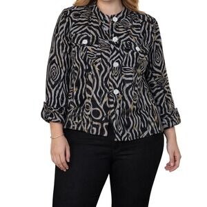 Ruby Rd Zebra Print Jacket Womens 14 Black Gray Button Up 3/4 Sleeve Excellent